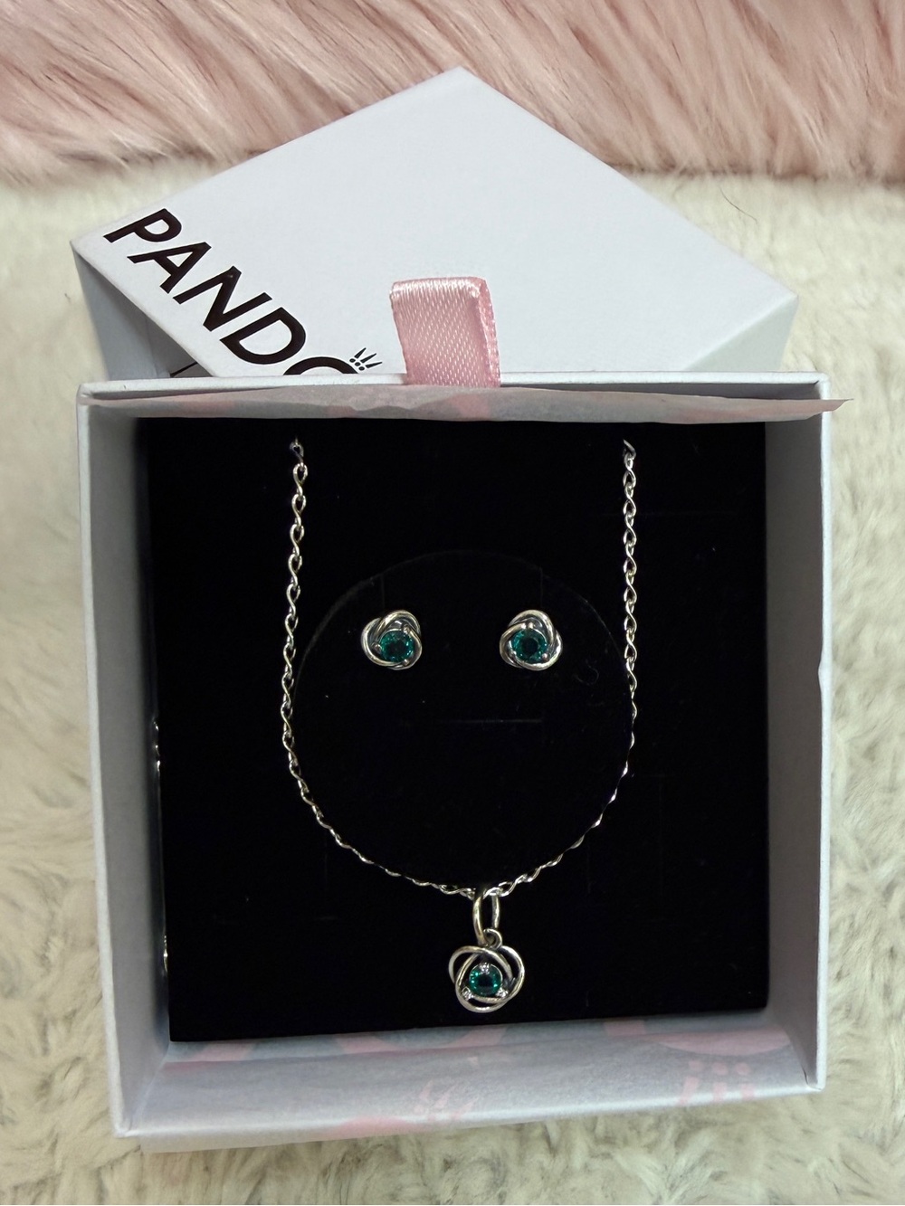 Pandora May Birthstone Sterling Silver Green Crystal Necklace and Stud Earrings